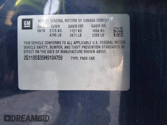 2017 Chevrolet Impala LT z VIN 2G1105S35H9104759, wystawiony jako IAAI lot #43360347 z przebiegiem 161 844 mil mil oraz . Historia ofert i sprzedaży dostępna na DreamBid. Obrazek 9.