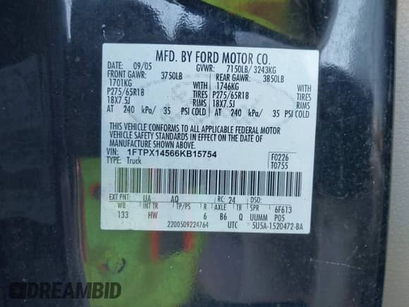 2006 Ford F-150 XLT with VIN 1FTPX14566KB15754, listed as a IAAI auction lot 43490025 with 236,037 mi miles and . Bid and sale history available at DreamBid. Image 9.