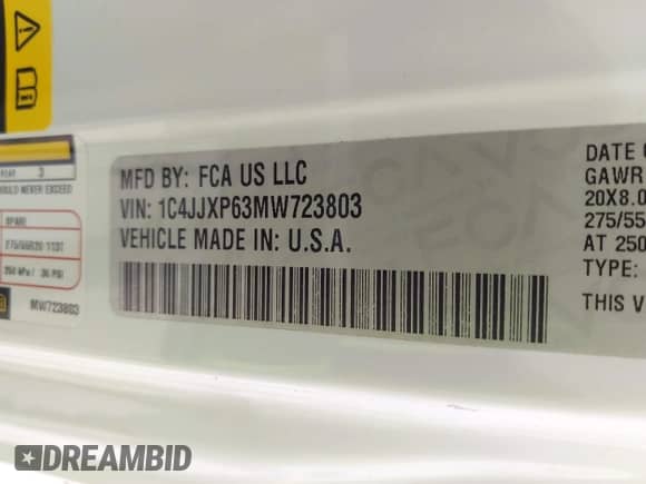 2021 Jeep Wrangler Unlimited Sahara with VIN 1C4JJXP63MW723803, listed as a IAAI auction lot 42395934 with 72,814 mi miles and . Bid and sale history available at DreamBid. Image 9.