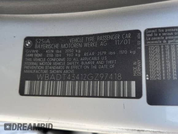 2002 BMW 5 Series 525i с VIN WBADT43412GZ97418, выставлен на аукционе Copart как лот 66577005 с пробегом Не указан миль и Списание • Salvage title. История ставок и продаж доступна на DreamBid. Изображение 12.