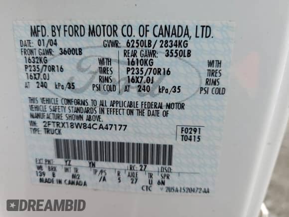 2004 Ford F-150 XL with VIN 2FTRX18W84CA47177, listed as a Copart auction lot 84593925 with 132,079 mi miles and Salvage title. Bid and sale history available at DreamBid. Image 12.