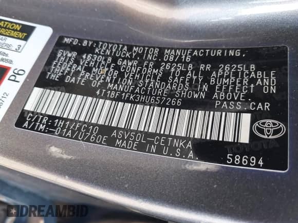 2017 Toyota Camry XSE с VIN 4T1BF1FK3HU657266, выставлен на аукционе IAAI как лот 43399112 с пробегом 176 892 миль миль и . История ставок и продаж доступна на DreamBid. Изображение 9.