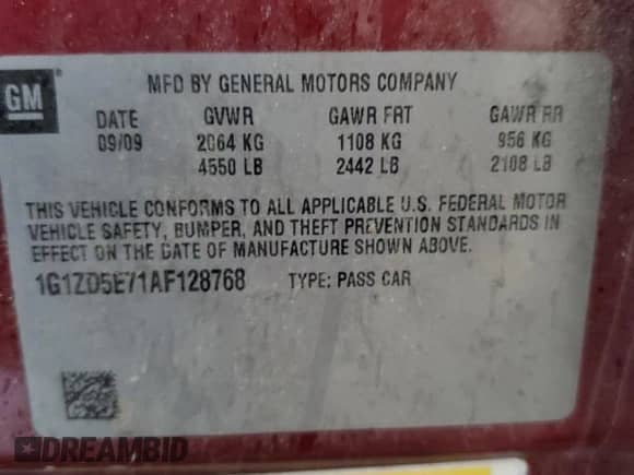 2010 Chevrolet Malibu 2LT with VIN 1G1ZD5E71AF128768, listed as a Copart auction lot 67805795 with 128,174 mi miles and Salvage title. Bid and sale history available at DreamBid. Image 13.