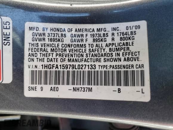 2009 Honda Civic with VIN 1HGFA15979L027133, listed as a Copart auction lot 67512054 with 108,631 mi miles and Salvage title. Bid and sale history available at DreamBid. Image 13.