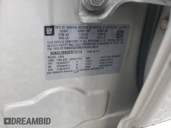 2014 Chevrolet Captiva Sport LT with VIN 3GNAL3EK9ES510118, listed as a Copart auction lot 64956065 with 96,911 mi miles and Clean title. Bid and sale history available at DreamBid. Image 13.