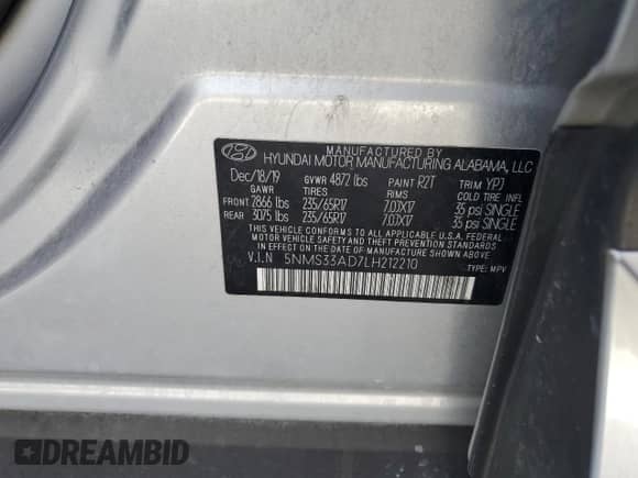 2020 Hyundai Santa Fe SEL с VIN 5NMS33AD7LH212210, выставлен на аукционе Copart как лот 71396045 с пробегом 67 151 миль миль и Списание • Salvage title. История ставок и продаж доступна на DreamBid. Изображение 13.
