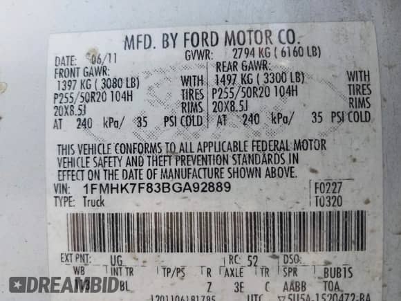 2011 Ford Explorer Limited with VIN 1FMHK7F83BGA92889, listed as a IAAI auction lot 43006223 with 163,087 mi miles and . Bid and sale history available at DreamBid. Image 9.