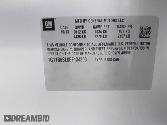 2014 Chevrolet Malibu LS z VIN 1G11B5SL0EF134393, wystawiony jako IAAI lot #43303590 z przebiegiem 227 560 mil mil oraz . Historia ofert i sprzedaży dostępna na DreamBid. Obrazek 9.