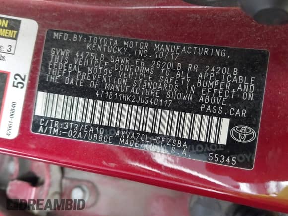 2018 Toyota Camry SE с VIN 4T1B11HK2JU540117, выставлен на аукционе IAAI как лот 43180493 с пробегом 244 584 миль миль и . История ставок и продаж доступна на DreamBid. Изображение 9.