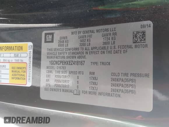 2014 Chevrolet Silverado 1500 Work Truck with VIN 1GCNCPEHXEZ418167, listed as a IAAI auction lot 42547018 with 143,598 mi miles and . Bid and sale history available at DreamBid. Image 9.