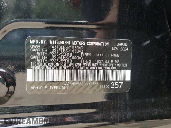 2024 Mitsubishi Outlander S с VIN JA4ARUAU0RU025127, выставлен на аукционе Copart как лот 64452755 с пробегом 7 832 миль миль и На запчасти • Non repairable. История ставок и продаж доступна на DreamBid. Изображение 13.