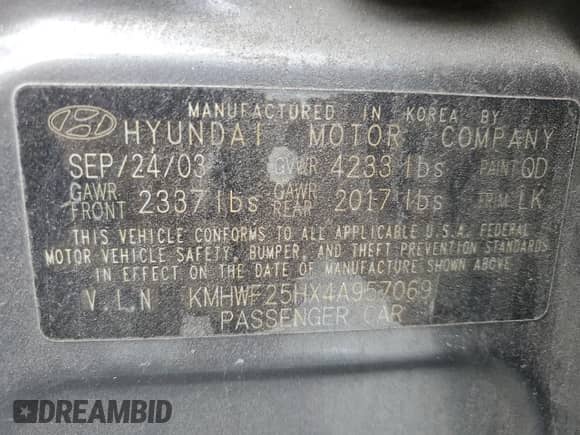 2004 Hyundai Sonata with VIN KMHWF25HX4A957069, listed as a Copart auction lot 56349275 with 184,083 mi miles and Salvage title. Bid and sale history available at DreamBid. Image 13.