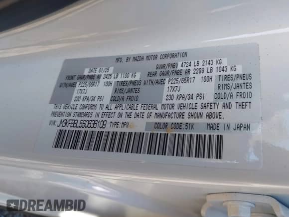 2025 Mazda CX-5 S Select с VIN JM3KFBBL5S0636109, выставлен на аукционе IAAI как лот 43105213 с пробегом 13 450 миль миль и . История ставок и продаж доступна на DreamBid. Изображение 9.