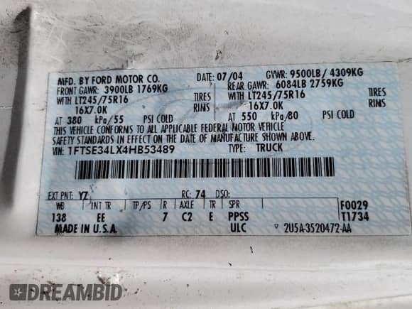 2004 Ford Econoline Cargo z VIN 1FTSE34LX4HB53489, wystawiony jako Copart lot #57730845 z przebiegiem 207 547 mil mil oraz Czysty tytuł • Clean title. Historia ofert i sprzedaży dostępna na DreamBid. Obrazek 13.