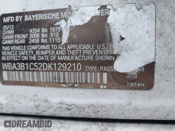 2013 BMW 3 Series 320i z VIN WBA3B1C52DK129210, wystawiony jako IAAI lot #42944726 z przebiegiem 161 084 mil mil oraz . Historia ofert i sprzedaży dostępna na DreamBid. Obrazek 9.