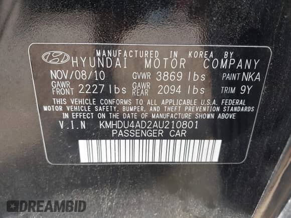 2010 Hyundai Elantra SE with VIN KMHDU4AD2AU210801, listed as a IAAI auction lot 42434509 with 117,674 mi miles and . Bid and sale history available at DreamBid. Image 9.