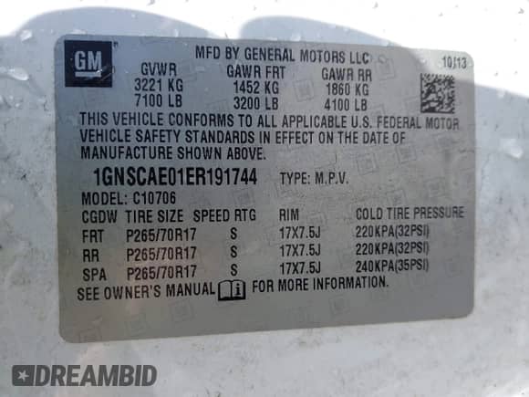 2014 Chevrolet Tahoe LS with VIN 1GNSCAE01ER191744, listed as a IAAI auction lot 43068276 with 275,886 mi miles and . Bid and sale history available at DreamBid. Image 9.