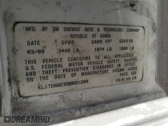 2009 Chevrolet Aveo 1LT с VIN KL1TD66E99B681209, выставлен на аукционе Copart как лот 76799204 с пробегом 221 324 миль миль и Списание • Salvage title. История ставок и продаж доступна на DreamBid. Изображение 15.