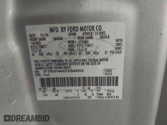 2007 Ford F-150 XLT с VIN 1FTRW14W07KB45502, выставлен на аукционе IAAI как лот 43031682 с пробегом 234 807 миль миль и . История ставок и продаж доступна на DreamBid. Изображение 9.
