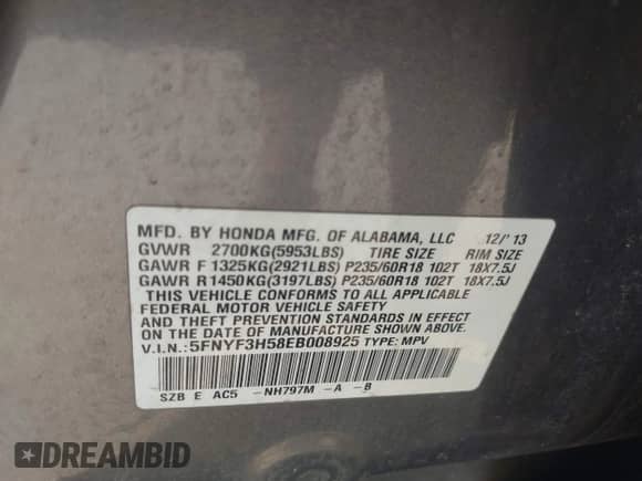 2014 Honda Pilot EX-L with VIN 5FNYF3H58EB008925, listed as a IAAI auction lot 43189141 with 132,910 mi miles and . Bid and sale history available at DreamBid. Image 9.