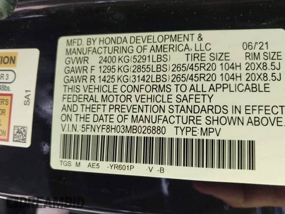 2021 Honda Passport Elite z VIN 5FNYF8H03MB026880, wystawiony jako IAAI lot #42181712 z przebiegiem 36 510 mil mil oraz . Historia ofert i sprzedaży dostępna na DreamBid. Obrazek 9.