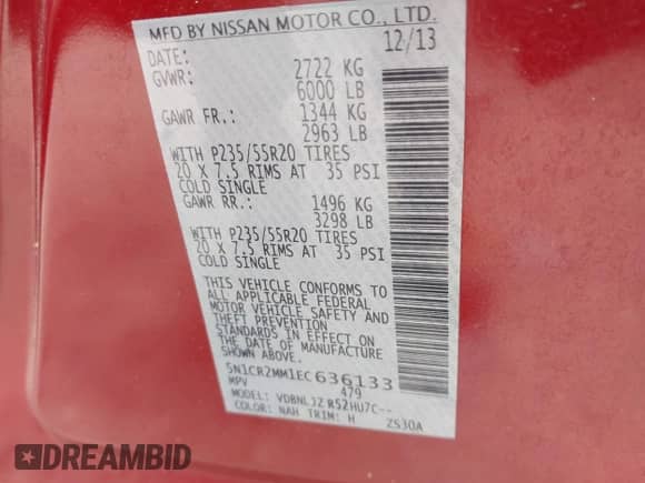 2014 Nissan Pathfinder SV Hybrid with VIN 5N1CR2MM1EC636133, listed as a IAAI auction lot 42876176 with 175,802 mi miles and . Bid and sale history available at DreamBid. Image 9.