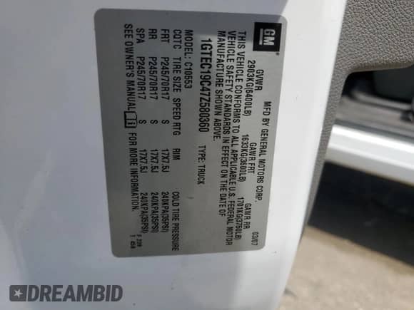 2007 GMC Sierra 1500 SLE1 with VIN 1GTEC19C47Z580360, listed as a Copart auction lot 64941155 with 173,885 mi miles and Salvage title. Bid and sale history available at DreamBid. Image 12.