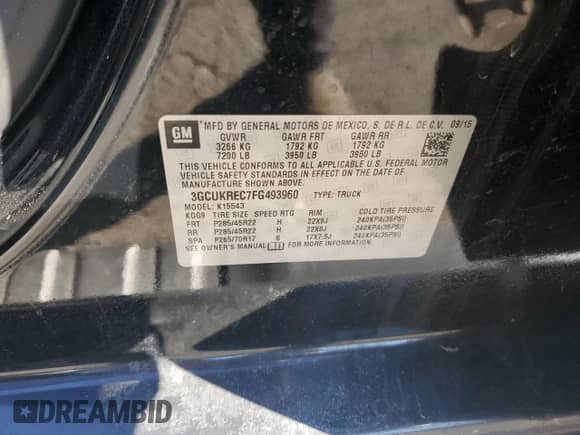 2015 Chevrolet Silverado 1500 LT z VIN 3GCUKREC7FG493960, wystawiony jako Copart lot #81196975 z przebiegiem Nie podano mil oraz Szkoda całkowita • Salvage title. Historia ofert i sprzedaży dostępna na DreamBid. Obrazek 12.