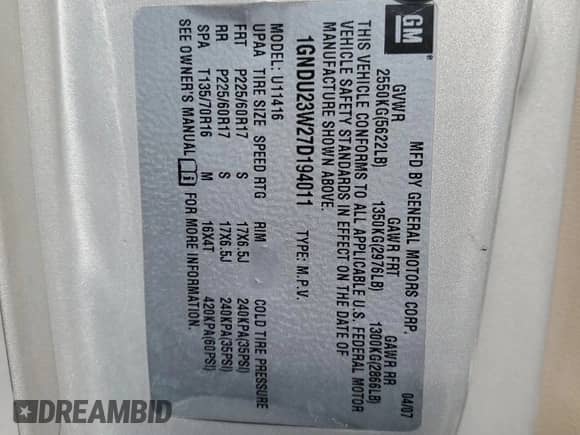 2007 Chevrolet Uplander LS с VIN 1GNDU23W27D194011, выставлен на аукционе Copart как лот 71814334 с пробегом 148 151 миль миль и Списание • Salvage title. История ставок и продаж доступна на DreamBid. Изображение 13.