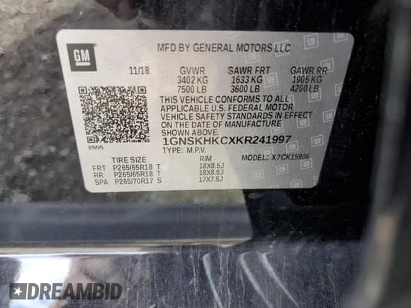 2019 Chevrolet Suburban LT с VIN 1GNSKHKCXKR241997, выставлен на аукционе Copart как лот 68132905 с пробегом 49 038 миль миль и На запчасти • Non repairable. История ставок и продаж доступна на DreamBid. Изображение 13.