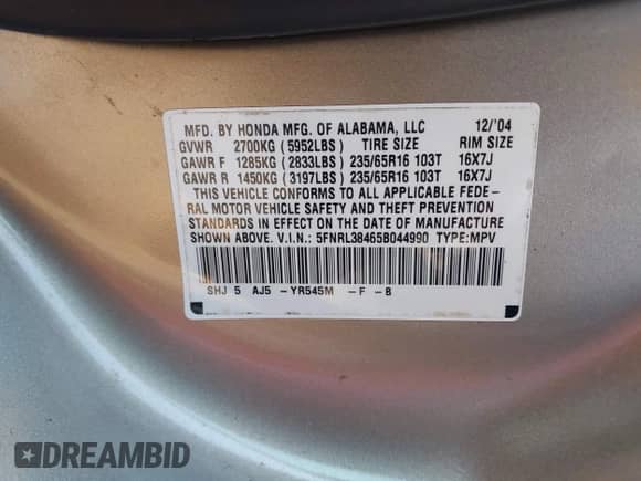 2005 Honda Odyssey EX z VIN 5FNRL38465B044990, wystawiony jako IAAI lot #43334598 z przebiegiem 177 732 mil mil oraz . Historia ofert i sprzedaży dostępna na DreamBid. Obrazek 9.