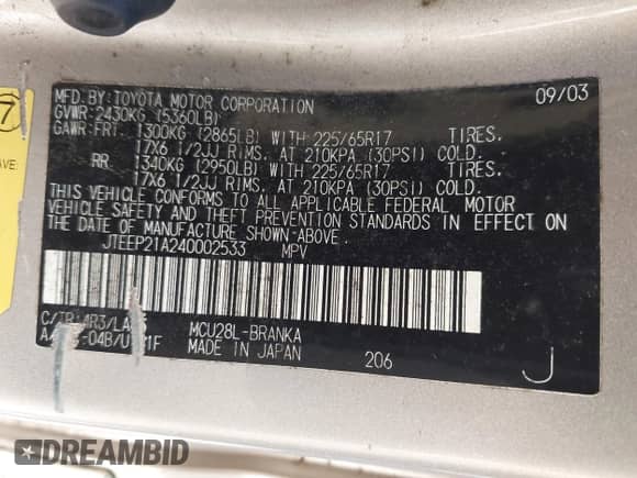 2004 Toyota Highlander с VIN JTEEP21A240002533, выставлен на аукционе IAAI как лот 43450692 с пробегом 185 125 миль миль и . История ставок и продаж доступна на DreamBid. Изображение 9.