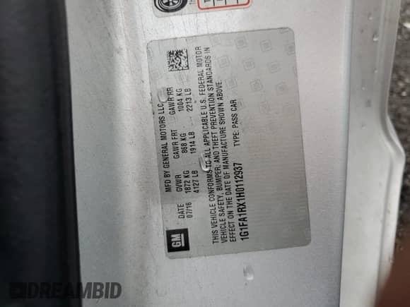 2017 Chevrolet Camaro 1LS with VIN 1G1FA1RX1H0112937, listed as a Copart auction lot 56949765 with 80,622 mi miles and Salvage title. Bid and sale history available at DreamBid. Image 12.