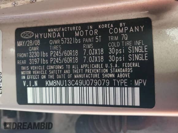 2009 Hyundai Veracruz Limited с VIN KM8NU13C49U079079, выставлен на аукционе Copart как лот 80342684 с пробегом 173 170 миль миль и Чистый • Clean title. История ставок и продаж доступна на DreamBid. Изображение 13.