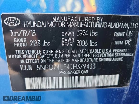 2018 Hyundai Elantra SE с VIN 5NPD74LF4JH379433, выставлен на аукционе Copart как лот 82147535 с пробегом 33 408 миль миль и Списание • Salvage title. История ставок и продаж доступна на DreamBid. Изображение 12.