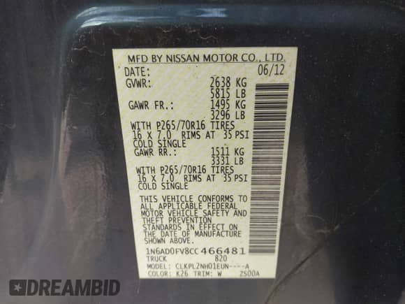 2012 Nissan Frontier SV with VIN 1N6AD0FV8CC466481, listed as a IAAI auction lot 42712478 with 101,691 mi miles and . Bid and sale history available at DreamBid. Image 9.