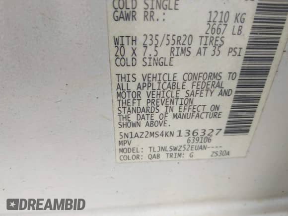 2019 Nissan Murano S с VIN 5N1AZ2MS4KN136327, выставлен на аукционе IAAI как лот 42370302 с пробегом 177 194 миль миль и . История ставок и продаж доступна на DreamBid. Изображение 9.