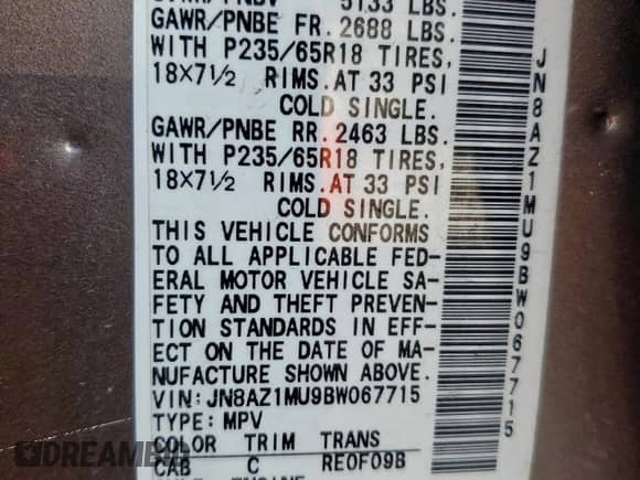 2011 Nissan Murano S с VIN JN8AZ1MU9BW067715, выставлен на аукционе Copart как лот 60849155 с пробегом 125 180 миль миль и Списание • Salvage title. История ставок и продаж доступна на DreamBid. Изображение 13.