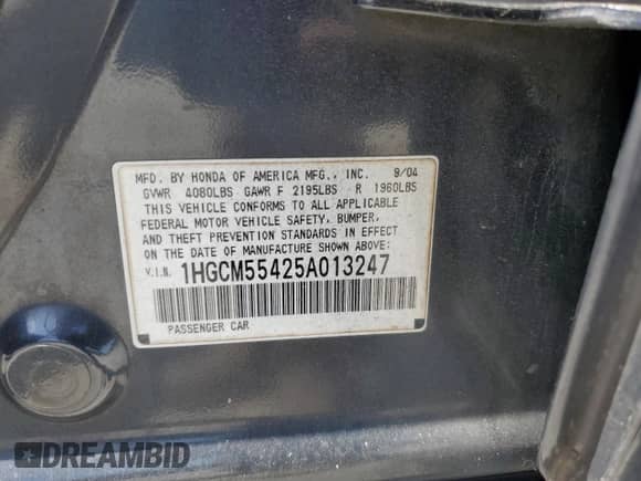 2005 Honda Accord LX с VIN 1HGCM55425A013247, выставлен на аукционе Copart как лот 64268485 с пробегом 336 008 миль миль и На запчасти • Non repairable. История ставок и продаж доступна на DreamBid. Изображение 13.