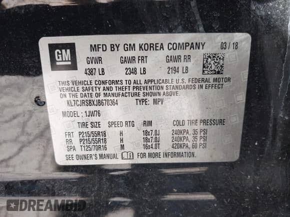 2018 Chevrolet Trax Premier z VIN KL7CJRSBXJB670364, wystawiony jako IAAI lot #43407561 z przebiegiem 94 656 mil mil oraz . Historia ofert i sprzedaży dostępna na DreamBid. Obrazek 9.