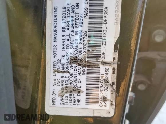 2003 Toyota Corolla CE с VIN 1NXBR32E13Z027726, выставлен на аукционе Copart как лот 84762135 с пробегом Не указан миль и Списание • Salvage title. История ставок и продаж доступна на DreamBid. Изображение 12.