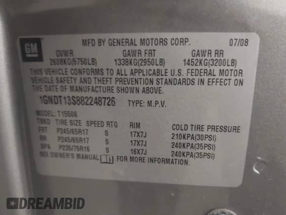 2008 Chevrolet TrailBlazer Fleet 2FL with VIN 1GNDT13S882248726, listed as a IAAI auction lot 42408009 with 169,280 mi miles and . Bid and sale history available at DreamBid. Image 9.