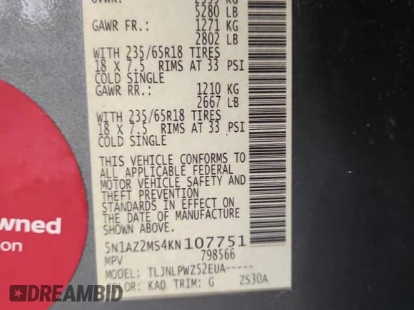 2019 Nissan Murano S с VIN 5N1AZ2MS4KN107751, выставлен на аукционе Copart как лот 86131825 с пробегом 56 674 миль миль и Списание • Salvage title. История ставок и продаж доступна на DreamBid. Изображение 13.