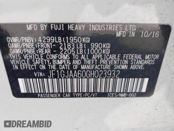 2016 Subaru Impreza with VIN JF1GJAA60GH023932, listed as a IAAI auction lot 42629397 with 69,026 mi miles and . Bid and sale history available at DreamBid. Image 9.