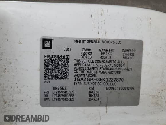 2019 Chevrolet Express Passenger LT с VIN 1GAZGPFG5K1227870, выставлен на аукционе Copart как лот 47118965 с пробегом 65 464 миль миль и Списание • Salvage title. История ставок и продаж доступна на DreamBid. Изображение 13.