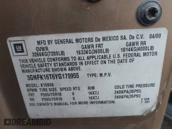 2000 Chevrolet Suburban LT with VIN 3GNFK16T6YG170955, listed as a IAAI auction lot 41918976 with 332,207 mi miles and . Bid and sale history available at DreamBid. Image 9.
