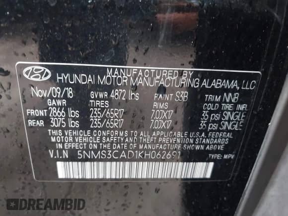 2019 Hyundai Santa Fe SEL с VIN 5NMS3CAD1KH062691, выставлен на аукционе IAAI как лот 43336622 с пробегом 124 498 миль миль и . История ставок и продаж доступна на DreamBid. Изображение 9.