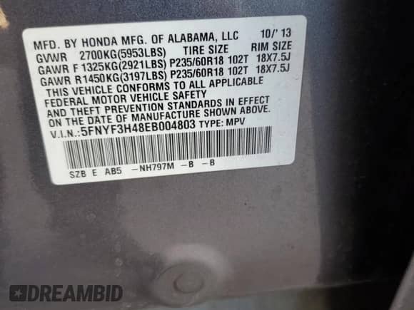 2014 Honda Pilot EX with VIN 5FNYF3H48EB004803, listed as a Copart auction lot 66047335 with 147,627 mi miles and Salvage title. Bid and sale history available at DreamBid. Image 13.