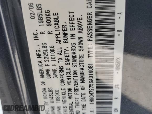 2006 Honda Accord EX with VIN 1HGCM72756A014081, listed as a Copart auction lot 68116025 with 102,222 mi miles and Salvage title. Bid and sale history available at DreamBid. Image 12.