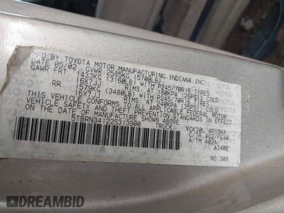 2002 Toyota Tundra SR5 с VIN 5TBRN34122S313900, выставлен на аукционе IAAI как лот 43481700 с пробегом 314 396 миль миль и . История ставок и продаж доступна на DreamBid. Изображение 9.
